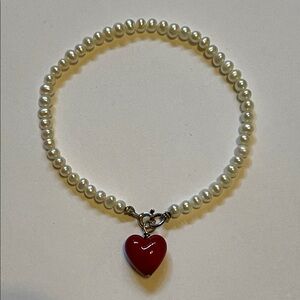 Cultured Pearl Red Heart Charm 925 clasp Bracelet